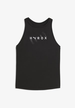 Czarny sportowy tank top bez rękawów z napisem "HYROX" na piersi w białych literach, gdzie litera Y jest zastąpiona przez logo Puma.