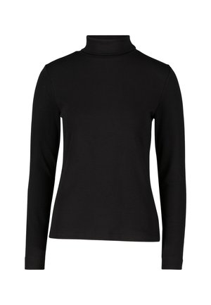 Top a maniche lunghe nera con colletto a dolcevita realizzata in materiale elastico; presenta un design aderente e uno stile minimalista senza motivi o dettagli.