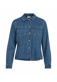 Denim jakna v temno modri barvi z gumbi spredaj, dvema žepoma na prsih in klasičnim ovratnikom. Ima oblikovane šive in dolge rokave.