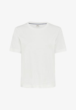 Weißes T-Shirt mit kurzen Ärmeln aus Baumwolle, runder Ausschnitt und umgeschlagenen Ärmeln, mit geradem Saum und ohne zusätzliche Muster.