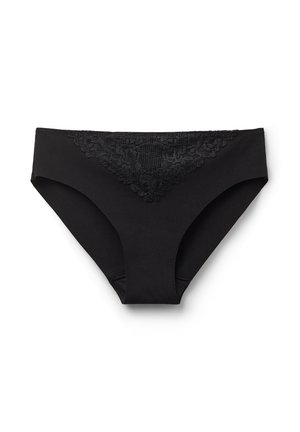 Svart damunderkläder med spetskant fram, tillverkad av ett mjukt tyg med slät textur och klassisk trosmodell.