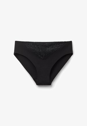 Svart damunderkläder med spetskant fram, tillverkad av ett mjukt tyg med slät textur och klassisk trosmodell.