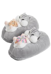 Gray plush slippers shaped like animals with smiling faces. Each features a soft toy holding a cookie and a lollipop as accents.