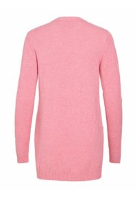 Pull en maille rose clair à manches longues, vu de dos avec poignets et ourlet côtelés sur fond blanc.