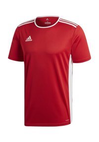 Camiseta deportiva roja con acentos blancos, de mangas cortas, escote redondo y tres rayas blancas en los hombros. Fabricada en tejido transpirable.