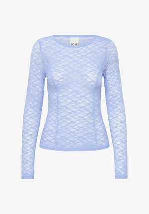 Light blue lace top with long sleeves, featuring a rounded neckline and intricate floral pattern throughout. Soft texture, fitted design.