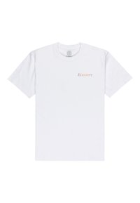 White cotton t-shirt featuring a small, multicolored "Element" logo on the left chest. It has short sleeves and a crew neck design.