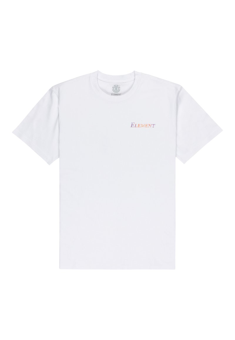 White cotton t-shirt featuring a small, multicolored "Element" logo on the left chest. It has short sleeves and a crew neck design.