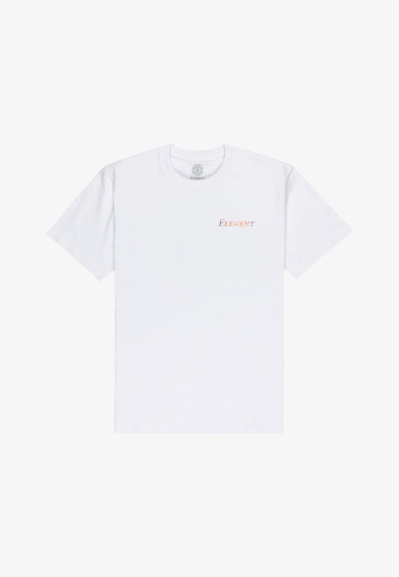 Bílý bavlněný tričko s malým, vícebarevným logem "Element" na levé hrudi. Má krátké rukávy a kulatý výstřih.