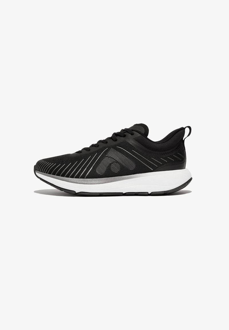 Black athletic shoes with a textured upper, featuring silver accents and a white sole. Includes a padded collar and minimal lace design.
