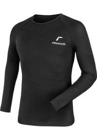 Zwarte thermoshirt met lange mouwen, gemaakt van rekbaar materiaal met een ronde halslijn. Voorzien van gestructureerde panelen en een wit logo op de borst.