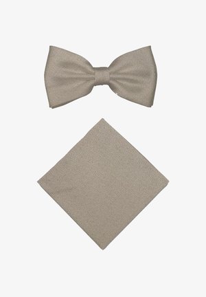 Beige textured fabric bow tie and matching pocket square arranged on a white background.