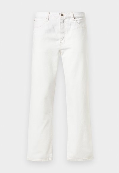 Jeans en denim blanc avec une coupe droite, dotés d'une fermeture à bouton et d'un style à cinq poches. Texture lisse et détails minimaux.