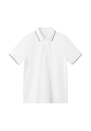 Witte polo met korte mouwen met zwarte afwerking aan de kraag en mouwranden, voorzien van een knoopsluiting.