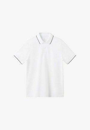 Witte polo met korte mouwen met zwarte afwerking aan de kraag en mouwranden, voorzien van een knoopsluiting.