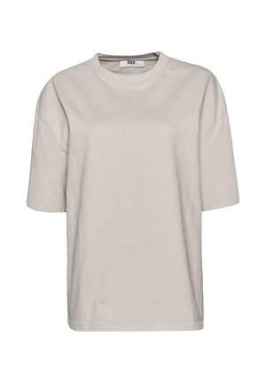 Helles graues, kurzärmliges T-Shirt aus Baumwolle, mit einem runden Halsausschnitt und einem lässigen Schnitt, minimalen Nähten und ohne Muster.