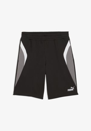 Pantalones cortos deportivos negros con paneles laterales grises y blancos, cintura elástica y logo blanco de Puma en la parte inferior de la pierna derecha.