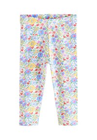 Colanți cu imprimeu floral în culori multiple, cu flori albastre, galbene și roșii pe un fundal crem; confecționați dintr-un material moale și elastic.