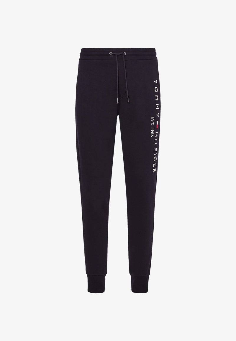 Black sweatpants made of cotton blend, featuring an elastic waistband with drawstring, cuffed ankles, and white printed logo on the side.