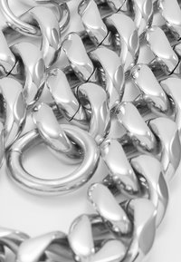 Gros plan sur des maillons de chaîne en argent poli imbriqués, avec des surfaces lisses et arrondies et un fermoir circulaire visible sur fond blanc.