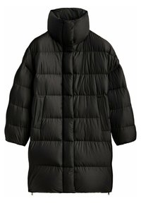 Cappotto a vento nero con collo alto, caratterizzato da un design trapuntato, tasche laterali e una silhouette dritta. Realizzato in un materiale liscio e lucido.