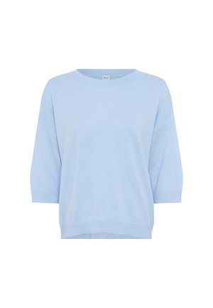 Lyseblå kortærmet strikket sweater med rund halsudskæring og afslappet pasform.