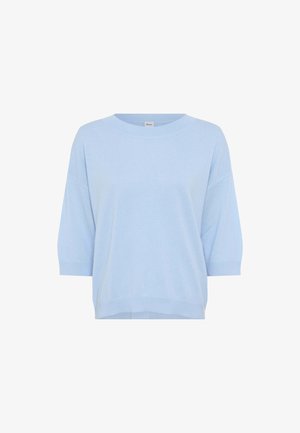 Pull en maille bleu clair à manches courtes avec un col rond et une coupe décontractée.