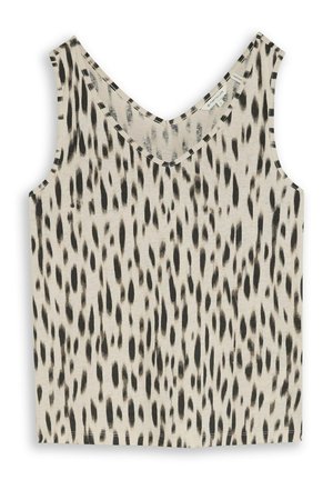 Ärmelloses Top mit V-Ausschnitt, beige Hintergrundfarbe und unregelmäßigem schwarzen vertikalem Strichmuster.