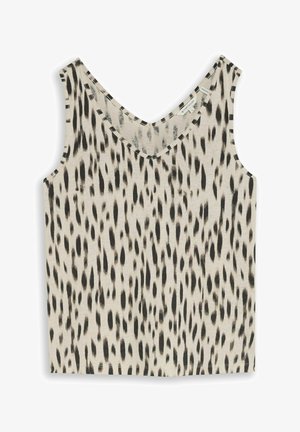 Ärmelloses Top mit V-Ausschnitt, beige Hintergrundfarbe und unregelmäßigem schwarzen vertikalem Strichmuster.