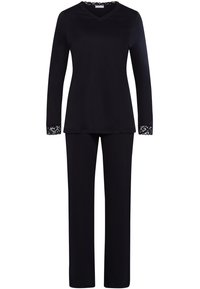 Mustat lounge-asut, jotka sisältävät pitkähihaisen paidan pitsireunaisella V-kaula-aukolla ja siihen sopivat housut pitsireunuksilla. Pehmeä kangas, jossa on sileä rakenne.