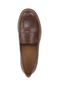 Bruine leren instapper met een gladde afwerking, ronde neus en gestikte details. Het interieur heeft een zachte stoffen voering. Geen zichtbare hardware.