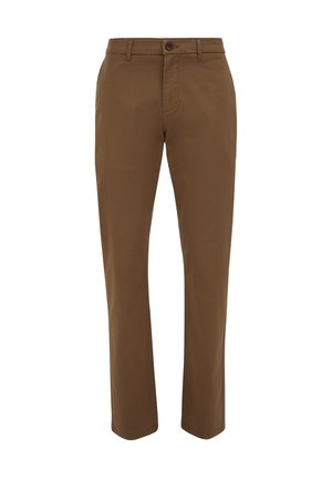 Pantalones de algodón marrones con corte recto, cierre de botón y bolsillos frontales. Textura suave con un acabado limpio, adecuados para uso casual.