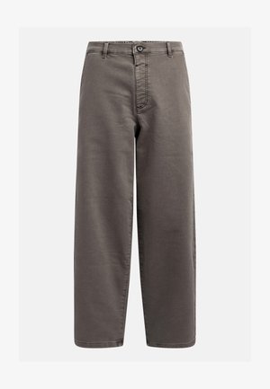 Gray wide-leg trousers made of cotton blend; features a button closure, belt loops, and front pockets; smooth, durable texture.