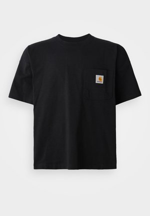 Black short-sleeve T-shirt with a round neck and a small square Carhartt logo patch on the left chest pocket.
