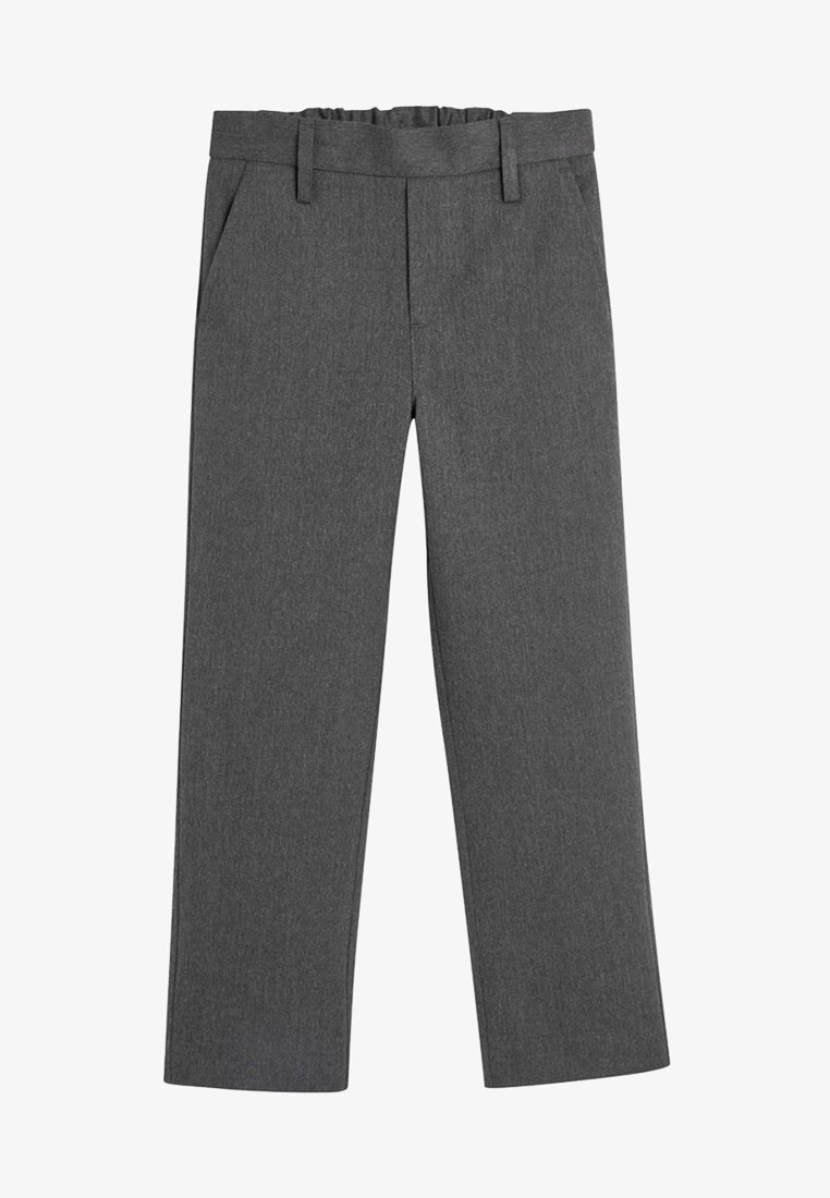 Pantalon gris coupe droite avec passants pour ceinture, poches latérales et ceinture élastique à l'arrière.