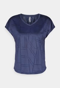 Marinblå kortärmad topp med V-ringning, med ett geometriskt mönster och ett mjukt, lätt material i avslappnad passform.