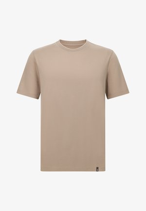 Beige t-shirt met korte mouwen van zachte stof, voorzien van een ronde hals en een subtiele logo-tag aan de onderkant van de linkerzoom.