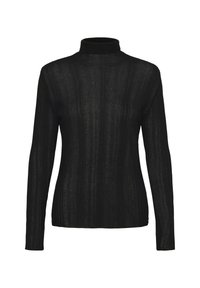 Schwarzer Rollkragenpullover mit langen Ärmeln, aus leichtem Rippstoff gefertigt, mit tailliertem Design und strukturiertem Oberflächenbereich.