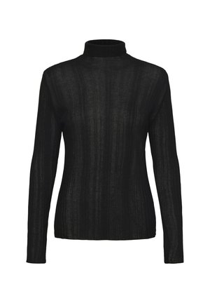 Suéter negro de cuello alto con mangas largas, fabricado en un tejido ligero de canalé, con un diseño ajustado y superficie texturizada.