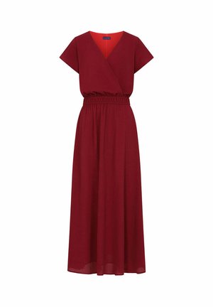 Rød omslagskjole med korte ærmer, elastisk talje og lang, flydende nederdel, ensfarvet stof og V-udskæring.
