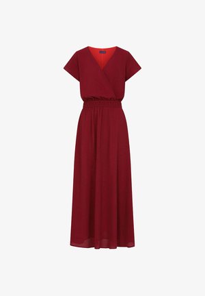Rode wikkeljurk met korte mouwen, elastische taille en lange, vloeiende rok, effen stof en V-hals.