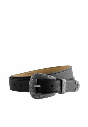 Black leather belt with engraved silver-toned Western-style buckle, belt loop, and tip, coiled on a white background.