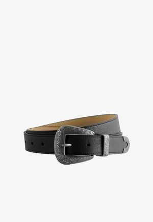 Black leather belt with engraved silver-toned Western-style buckle, belt loop, and tip, coiled on a white background.