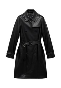 Trench-coat noir en cuir à double boutonnage avec ceinture, large col, épaulettes et brides aux poignets, présenté sur fond blanc.
