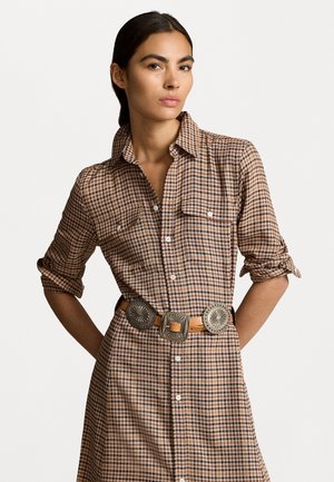 BELTED PLAID COTTON BLEND DRESS - Paitamekko - brown