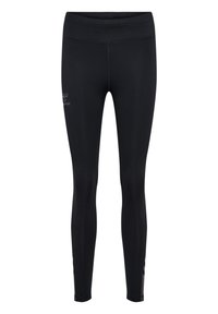 Svarta atletiska leggings med en mjuk, elastisk textur, som har en hög midja och reflexdetaljer på underbenen.
