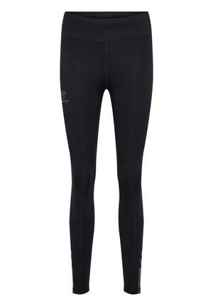 Black athletic leggings with a smooth, stretchy texture, featuring a high waistband and reflective accents on the lower legs.