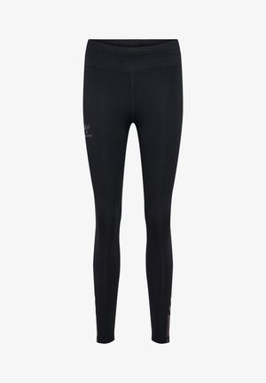 Black athletic leggings with a smooth, stretchy texture, featuring a high waistband and reflective accents on the lower legs.