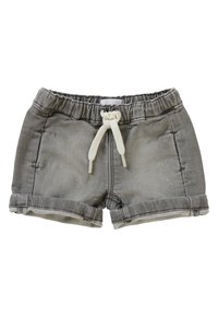 Grijze denim shorts met een zachte elastische tailleband, witte trekkoorden en opgerolde mouwen. Voorzien van zijzakken en contrasterende stiksels.