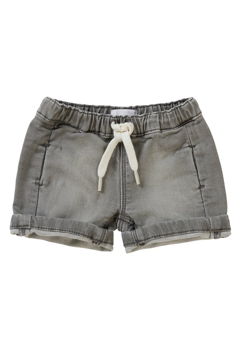 Grijze denim shorts met een zachte elastische tailleband, witte trekkoorden en opgerolde mouwen. Voorzien van zijzakken en contrasterende stiksels.